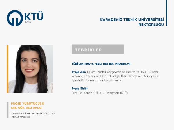 Arş. Gör. Aslı AHLAT'a TÜBİTAK 1002-A Hızlı Destek Programı Proje Desteği