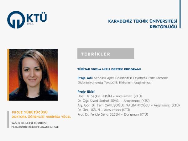 Doktora Öğrencisi Nurinisa YÜCEL'e TÜBİTAK 1002-A Proje Desteği