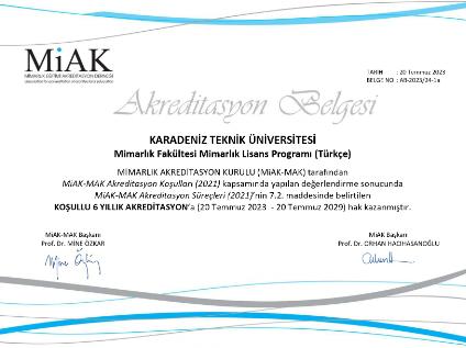 KTÜ Mimarlık Bölümü Değerlendirme ve Akreditasyon Derneği-MİAK tarafından akredite edildi
