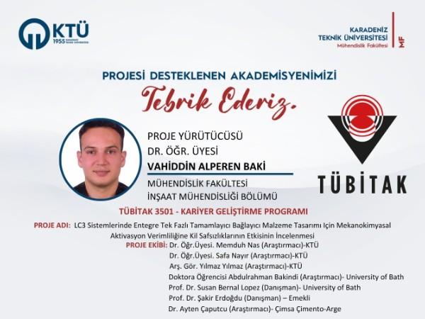 Dr. Öğr. Üyesi Vahiddin Alperen BAKİ'ye TÜBİTAK 3501-Kariyer Geliştirme Programı Proje Desteği