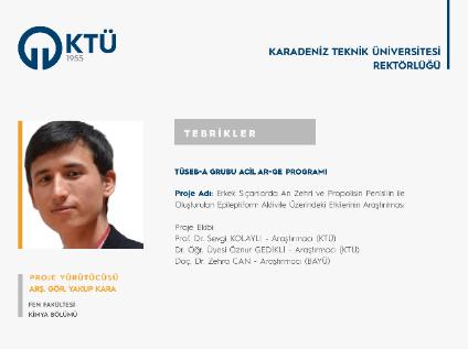 Arş. Gör. Yakup KARA'ya TÜSEB Proje Desteği