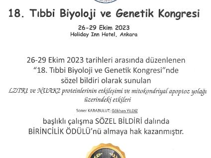 18. Tıbbi Biyoloji ve Genetik Kongresi'nde Sözel Bildiri Dalında Birincilik Ödülü
