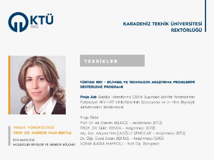 Prof. Dr. Kadriye İNAN BEKTAŞ'a TÜBİTAK 1001 Proje Desteği