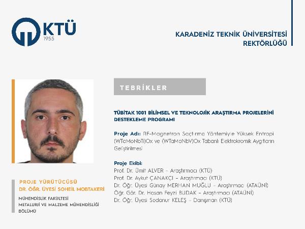 Dr. Öğr. Üyesi Soheil MOBTAKERİ'ye TÜBİTAK 1001 Programı Proje Desteği