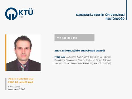 Prof. Dr. Ahmet AYAR'a TÜBİTAK 2237/A Proje Desteği