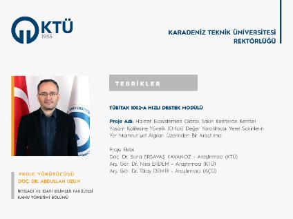 Doç. Dr. Abdullah UZUN'a TÜBİTAK 1002 Proje Desteği