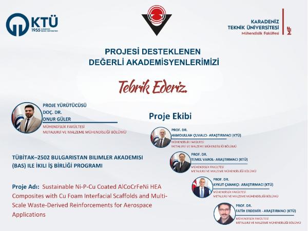 Doç. Dr. Onur GÜLER'e TÜBİTAK-2502 Proje Desteği