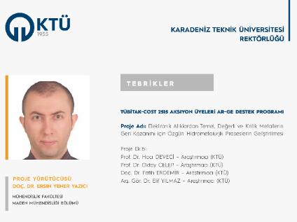 Doç. Dr. Ersin Yener YAZICI'ya TÜBİTAK-COST 2515 Proje Desteği