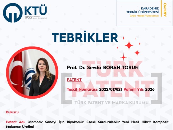 Prof. Dr. Sevda BORAN TORUN'dan Sürdürülebilir Malzeme Alanında Yeni Patent