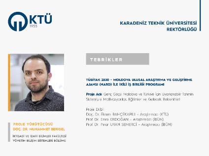 Doç. Dr. Muhammet BERİGEL'e TÜBİTAK-2530 Moldova İkili İş Birliği Proje Desteği