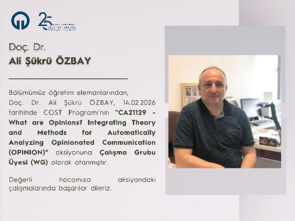 Doç. Dr. Ali Şükrü ÖZBAY COST Aksiyonuna WG Olarak Atanmıştır