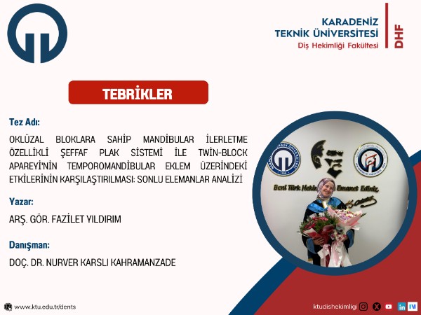 Fakültemiz Klinik Bilimler Bölümü Ortodonti Anabilim Dalı Öğretim Elemanı Arş. Gör. Fazilet YILDIRIM'ın Tez Çalışması