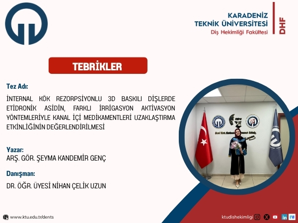 Fakültemiz Klinik Bilimler Bölümü Endodonti Anabilim Dalı Öğretim Elemanı Arş. Gör. Şeyma KANDEMİR GENÇ'in Tez Çalışması
