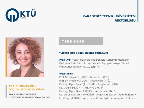 Doç. Dr. Arzu ERDEN GÜNER'e TÜBİTAK 1002-A Hızlı Destek Programı Proje Desteği