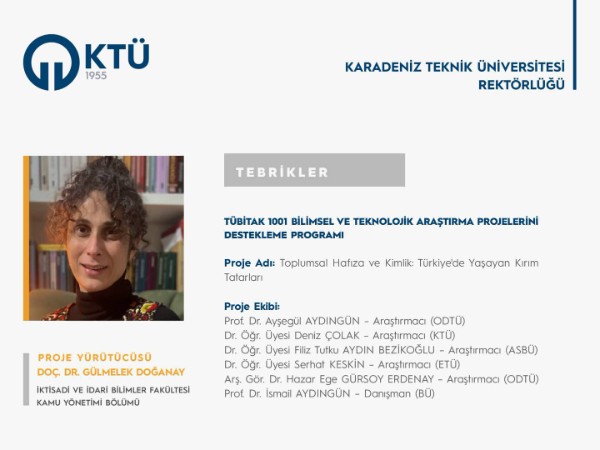Bölümümüz Akademisyenlerinden Doç. Dr. Gülmelek DOĞANAY'a TÜBİTAK 1001 Programı Proje Desteği