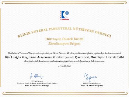 KTU Farabi Hospital-Nutrition Support Team Earns the "Accreditation Certificate"