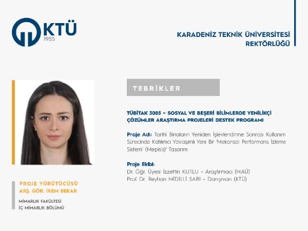 Arş. Gör. İrem BEKAR'a TÜBİTAK 3005 Programı Proje Desteği