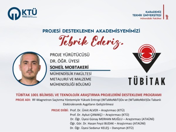 Dr. Öğr. Üyesi Soheil MOBTAKERİ'ye TÜBİTAK 1001 Programı Proje Desteği