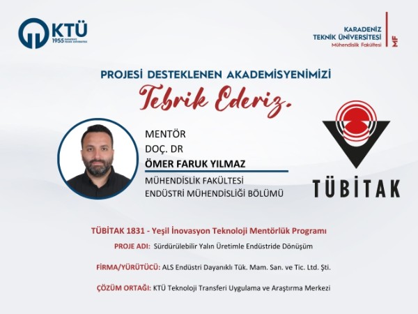 Doç. Dr. Ömer Faruk YILMAZ'a TÜBİTAK 1831 - Yeşil İnovasyon Teknoloji Mentörlük Programı Proje Desteği