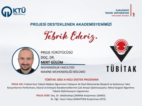 Doç. Dr. Mert GÜLÜM'e TÜBİTAK 1002-A Hızlı Destek Programı Proje Desteği
