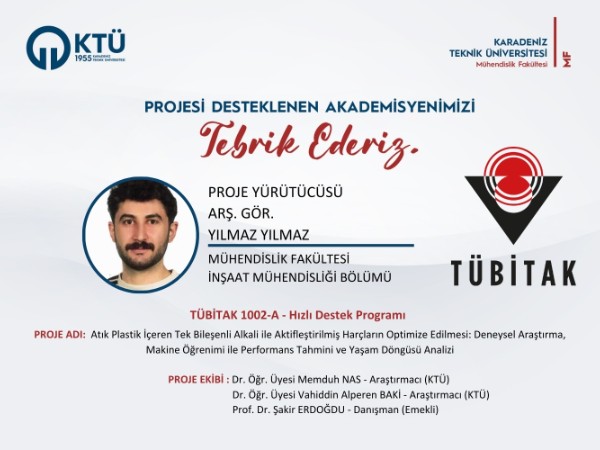 Arş. Gör. Üyesi Yılmaz YILMAZ'a TÜBİTAK 1002-A Hızlı Destek Programı Proje Desteği