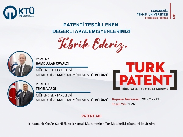 Rektörümüz ve Dekanımızın Patent Başvurusu Tescillenmiştir
