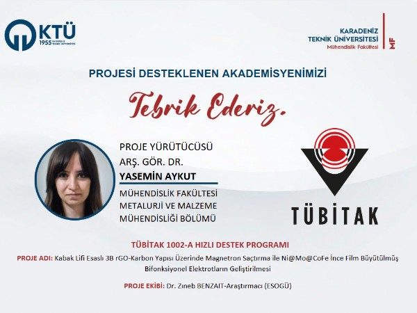 Arş. Gör. Dr. Yasemin AYKUT'a TÜBİTAK 1002-A Hızlı Destek Programı Proje Desteği