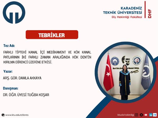 Fakültemiz Klinik Bilimler Bölümü Endodonti Anabilim Dalı Öğretim Elemanı Arş. Gör. Damla AKKAYA'nın Tez Çalışması
