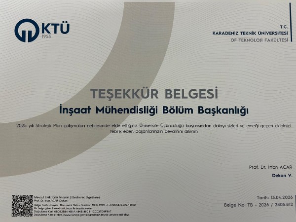 İnşaat Mühendisliği Bölümümüze Stratejik Plan Başarı Belgesi