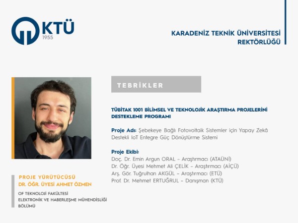 Dr. Öğr. Üyesi Ahmet ÖZMEN'e TÜBİTAK 1001 Proje Desteği