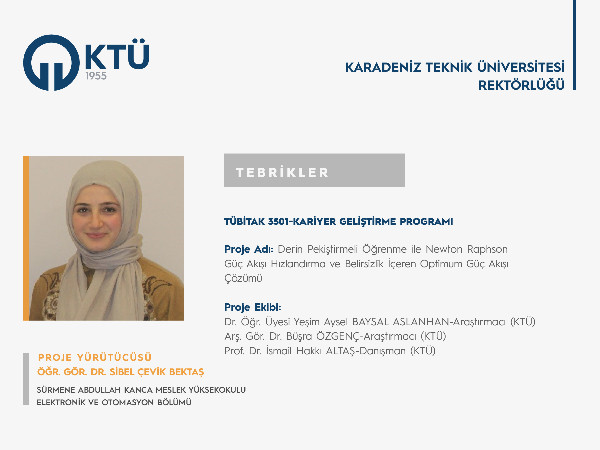 Öğr. Gör. Dr. Sibel ÇEVİK BEKTAŞ'a TÜBİTAK 3501 Programı Proje Desteği
