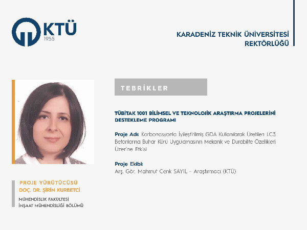 Doç. Dr. Şirin KURBETCİ'ye TÜBİTAK 1001 Programı Proje Desteği
