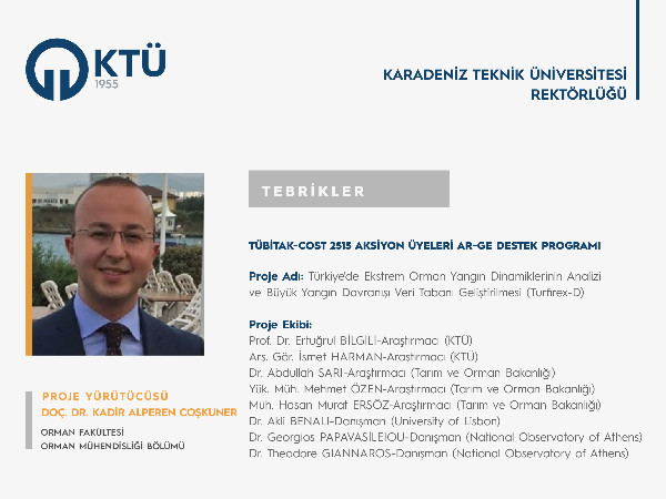 Doç. Dr. Kadir Alperen COŞKUNER'e TÜBİTAK-COST 2515 Proje Desteği
