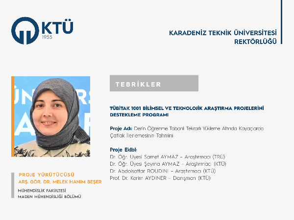 Arş. Gör. Dr. Melek Hanım BEŞER'e TÜBİTAK 1001 Programı Proje Desteği