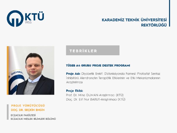 Doç. Dr. Seçkin ENGİN'e TÜSEB A4 Proje Desteği