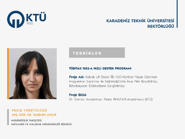 Arş. Gör. Dr. Yasemin AYKUT'a TÜBİTAK 1002-A Programı Proje Desteği