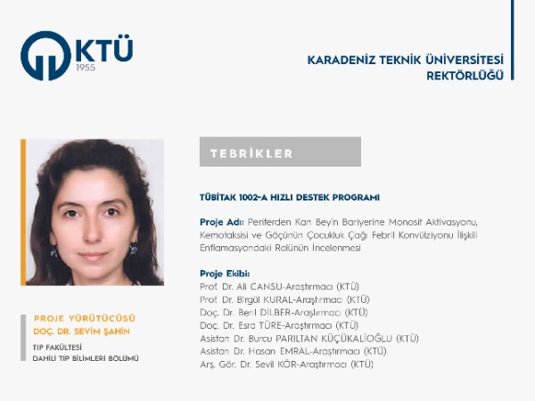 Doç. Dr. Sevim ŞAHİN'e TÜBİTAK 1002-A Hızlı Destek Programı Proje Desteği