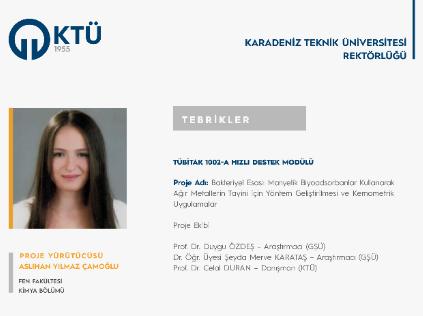 Arş. Gör. Aslıhan YILMAZ ÇAMOĞLU'ya TÜBİTAK 1002 Proje Desteği