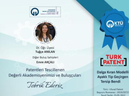 Dr. Öğr. Üyesi Tuğçe ANILAN 'ın patent başvurusu tescillenmiştir.