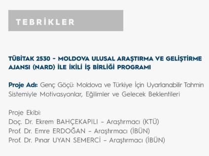 The project of our department's academician received TUBITAK and Moldova NARD support.