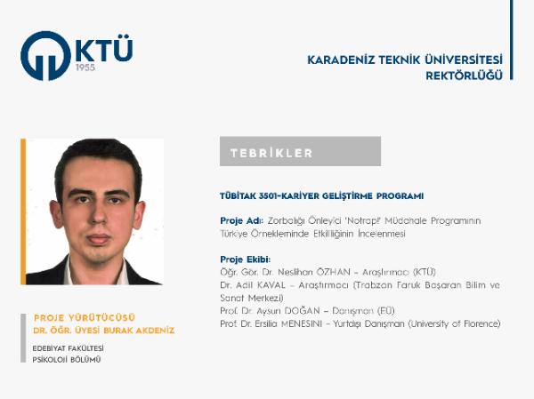 Dr. Öğr. Üyesi Burak AKDENİZ'e TÜBİTAK 3501 Proje Desteği