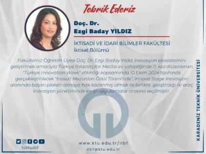 Öğretim Üyemiz Doç. Dr. Ezgi Baday Yıldız'a İnovasyon Ödülü